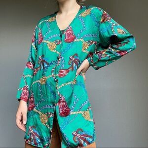 Vintage 90s Gold Label Victoria Secret 100% Silk Green Button Down Night Shirt S